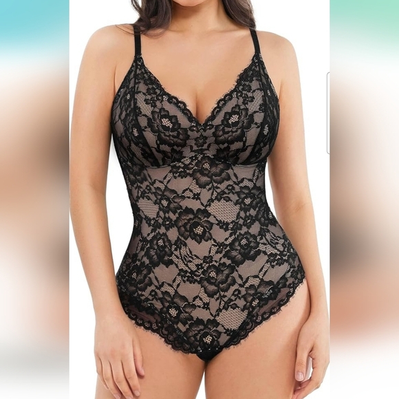 Popilush Black Lace V Neck Shapewear Tummy Control Bodysuit Size XL - Picture 1 of 12